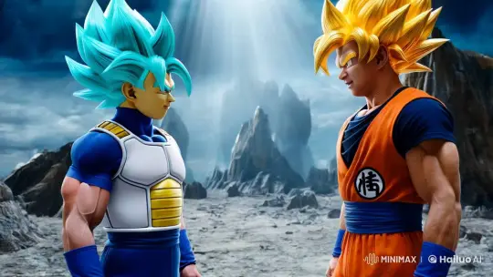 Vegeta and Goku Prepare for Epic Battle in Dramatic Landscape – AI Generated Video | Hailuo AI