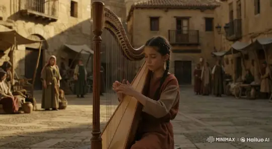 Medieval Village Girl Serenades with Harp – AI Generated Video | Hailuo AI