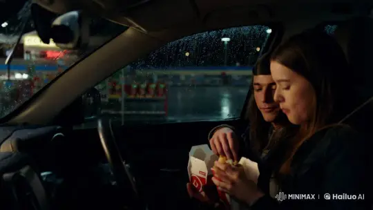 Nighttime Car Encounter: Couple Shares Fast Food in Intimate Rain Scene – AI Generated Video | Hailuo AI