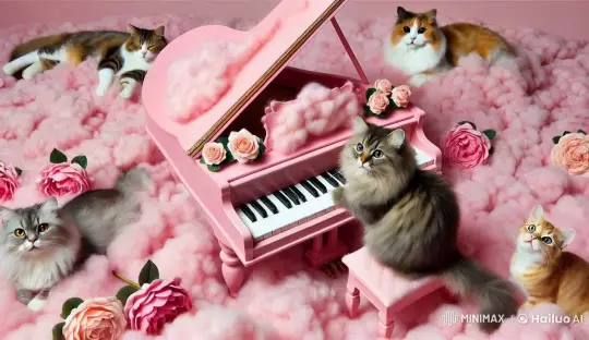 Adorable Cats Relax on Fluffy Cloud with Piano – AI Generated Video | Hailuo AI
