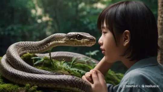Snake Communicates with Curious Young Person in Peaceful Forest – AI Generated Video | Hailuo AI