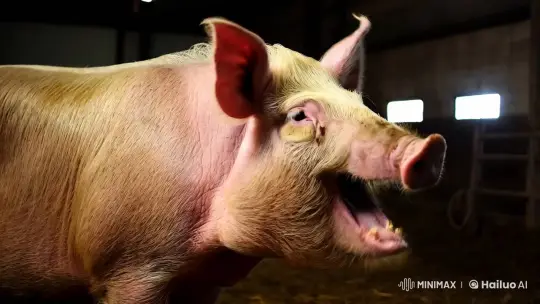 Cinematic Close-Up of Squealing Hog in Dim Barn – AI Generated Video | Hailuo AI