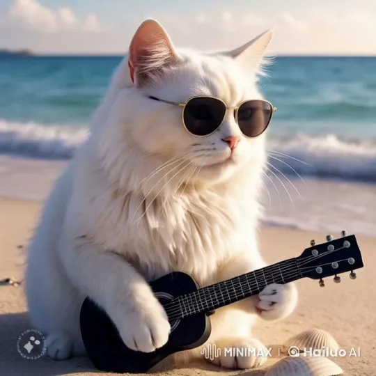 Cat Serenades on Sunlit Beach with Guitar – AI Generated Video | Hailuo AI