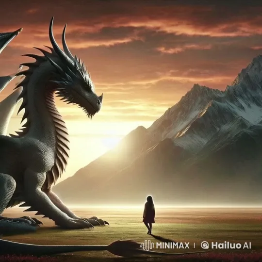 Girl Meets Majestic Dragon in Mountainous Sunset Landscape – AI Generated Video | Hailuo AI