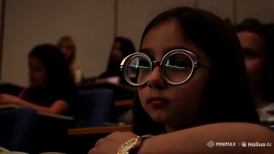 Girl with Retro Glasses Captures Lecture Hall's Focus – AI Generated Video | Hailuo AI