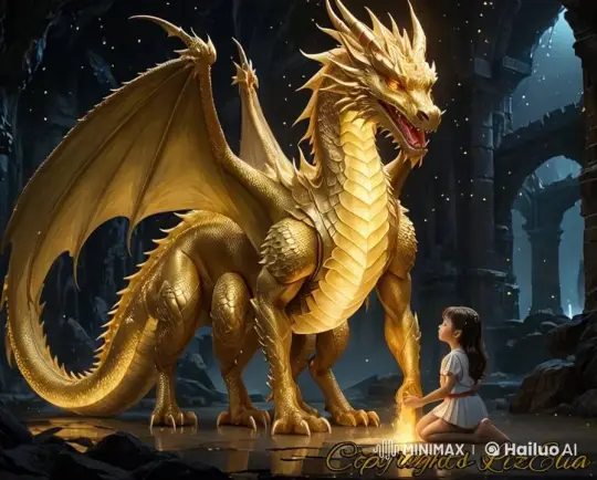 Girl Communicates with Golden Dragon in Enchanted Cave – AI Generated Video | Hailuo AI