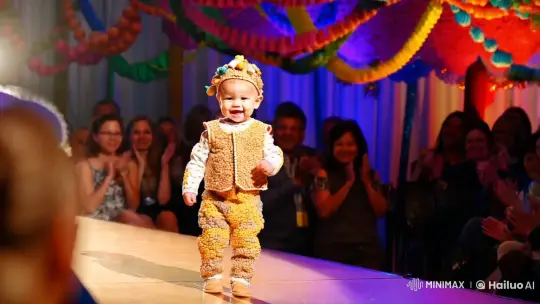 Child Struts in Grain-Adorned Outfit at Baby Show – AI Generated Video | Hailuo AI