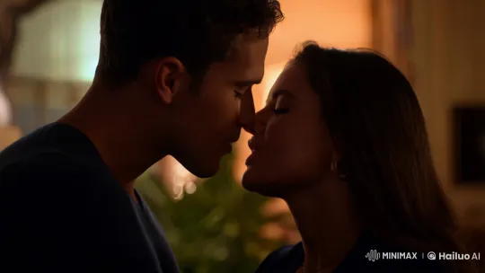 Intimate Lip Kiss in Warmly Lit Room – AI Generated Video | Hailuo AI