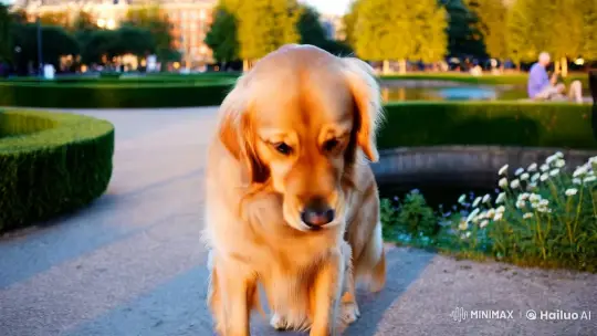 Golden Retriever Captured in Park's Tranquil Beauty – AI Generated Video | Hailuo AI