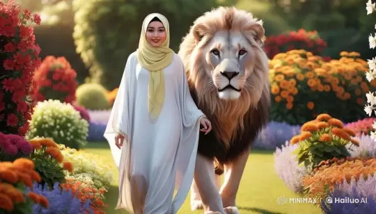Woman and Lion Stroll in Serene Flower Garden – AI Generated Video | Hailuo AI