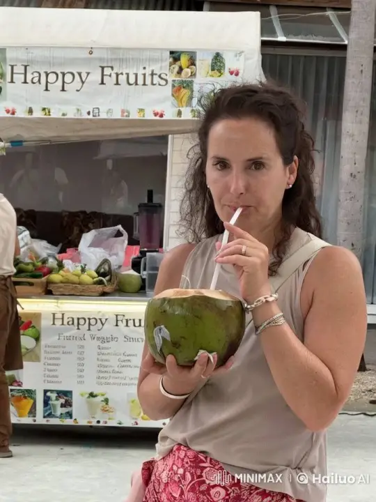 Woman Enjoying Coconut Milk in Playful Manner – AI Generated Video | Hailuo AI
