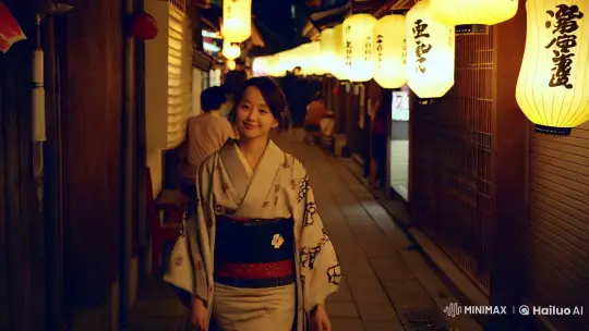 Japanese Woman Strolls Through Lantern-Lit Alley – AI Generated Video | Hailuo AI