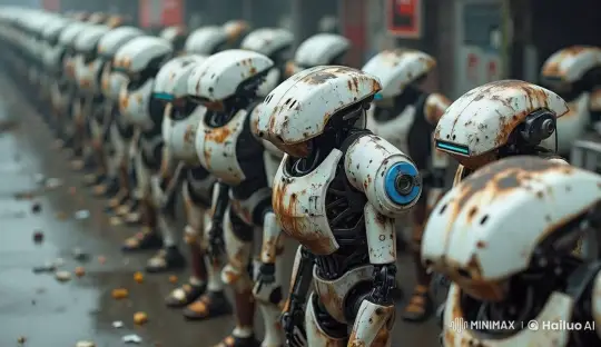 Rusted Androids Prepare for Patrol in Futuristic Setting – AI Generated Video | Hailuo AI