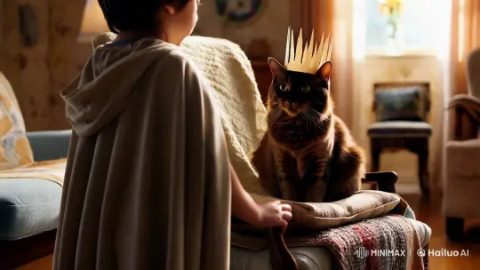 Cat Monarch and Child Attendant in Cozy Living Room – AI Generated Video | Hailuo AI