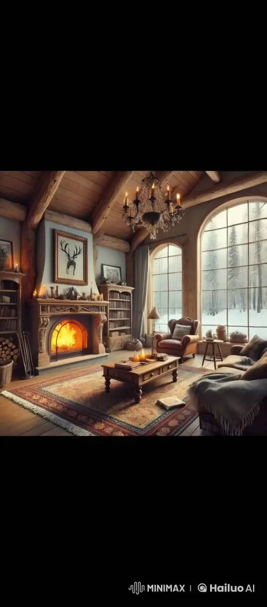 Cozy Winter Living Room with Fireplace and Snowy View – AI Generated Video | Hailuo AI