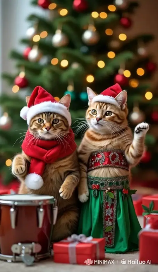 Festive Cats Enjoy Christmas Dance and Drum – AI Generated Video | Hailuo AI