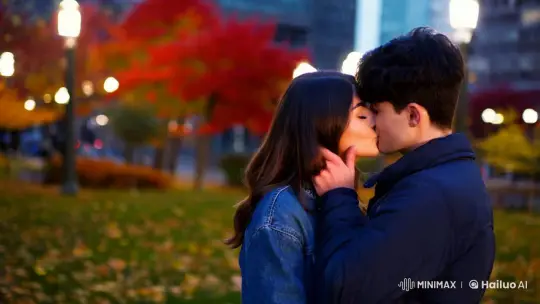 Romantic Twilight Kiss in Autumnal Urban Park – AI Generated Video | Hailuo AI