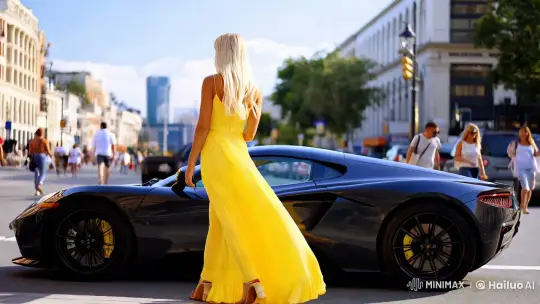 Blonde Woman in Yellow Dress Enters Sports Car Amidst City Life – AI Generated Video | Hailuo AI