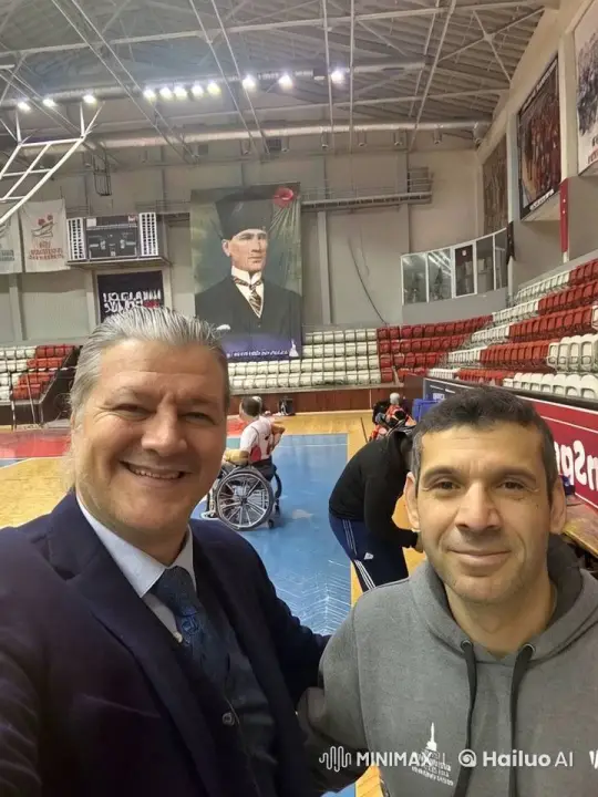 Sports Arena: Warm Embrace and Wolf Sign in Camaraderie – AI Generated Video | Hailuo AI