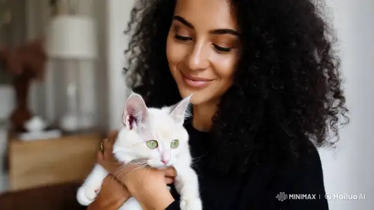 Affectionate Woman With Kitten in Serene Room – AI Generated Video | Hailuo AI