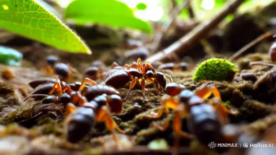 Ant Colony: Close-Up of Protective Duties Around the Queen – AI Generated Video | Hailuo AI