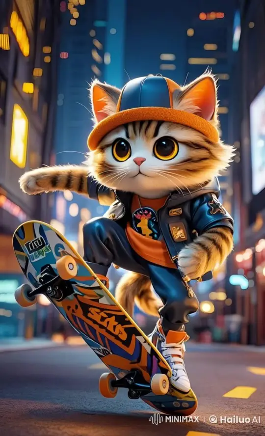 Animated Cat Skates with Style on Neon-Lit City Street – AI Generated Video | Hailuo AI