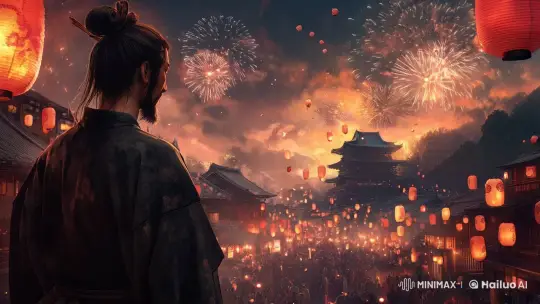 Traditional Japanese Festival: A Man's Calm Amidst Fireworks and Festivity – AI Generated Video | Hailuo AI