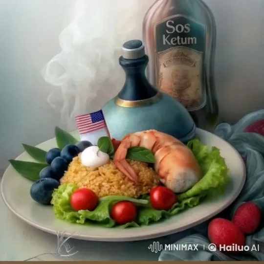 Nasi Goreng Delight with Fresh Garnishes and American Flag Toothpick – AI Generated Video | Hailuo AI