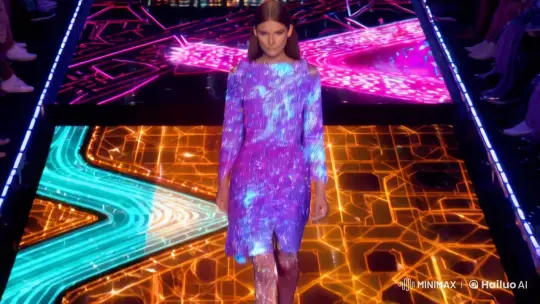 Futuristic Fashion Show: Model with Pixelated Dress – AI Generated Video | Hailuo AI