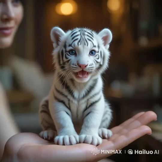 Baby White Tiger Walks on Human Palm – AI Generated Video | Hailuo AI