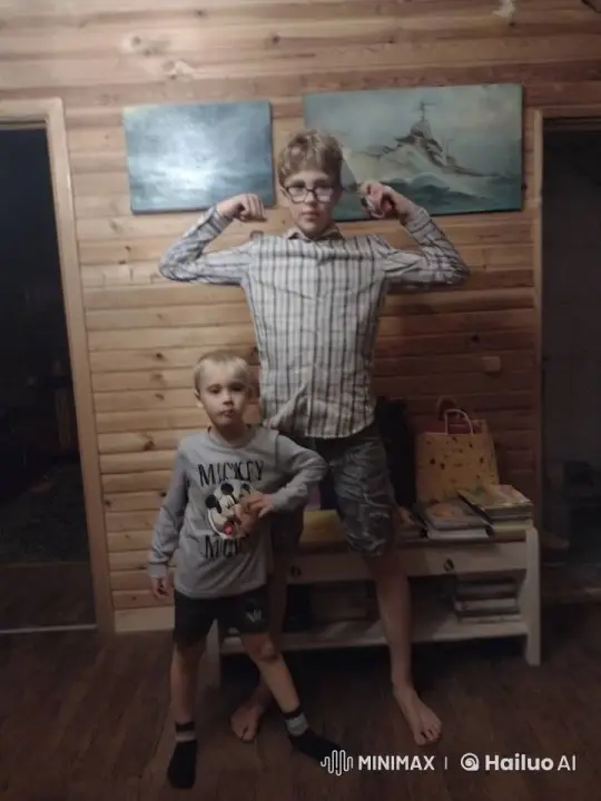 Boys in Wooden Room Enter Lada, Bump Fat Man Dancing – AI Generated Video | Hailuo AI