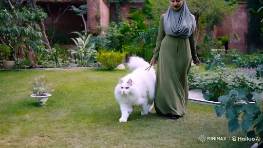 Graceful Woman and Regal Cat in Serene Garden Setting – AI Generated Video | Hailuo AI