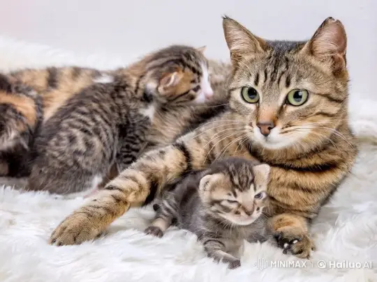 Big Cat and Kittens Follow Human for Food – AI Generated Video | Hailuo AI
