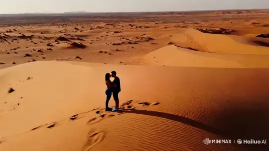 Intimate Moment in Vast Desert with Golden Hour Kiss – AI Generated Video | Hailuo AI