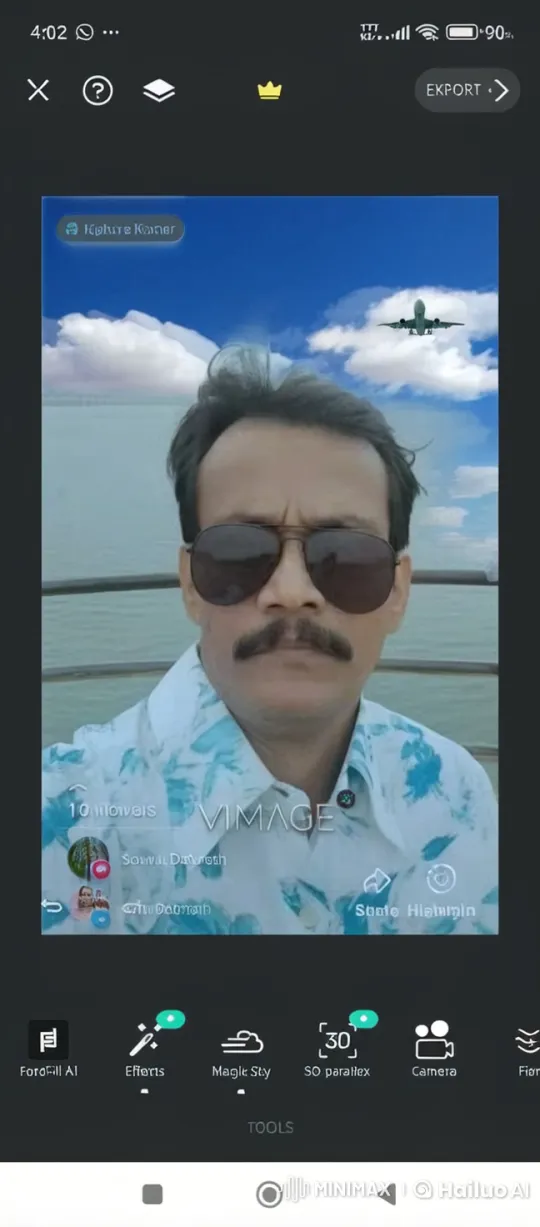 Man with Sunglasses Stands by Water, Plane Flies By – AI Generated Video | Hailuo AI