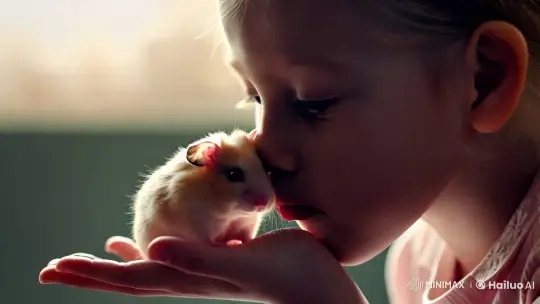 Young Girl Shares Tender Moment with Pet Hamster – AI Generated Video | Hailuo AI