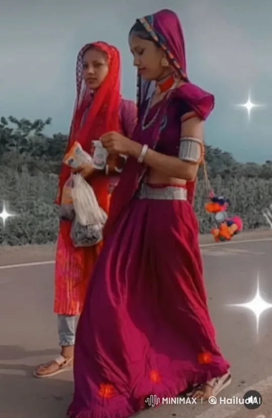 Traditional Attired Women Walk in Serene Landscape – AI Generated Video | Hailuo AI