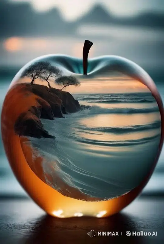 Glass Apple Encompasses Tranquil Coastal Scene – AI Generated Video | Hailuo AI