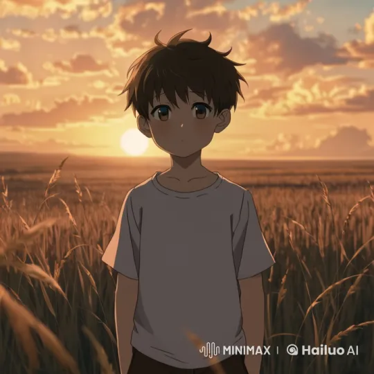 Contemplative Boy in Serene Sunset Landscape – AI Generated Video | Hailuo AI