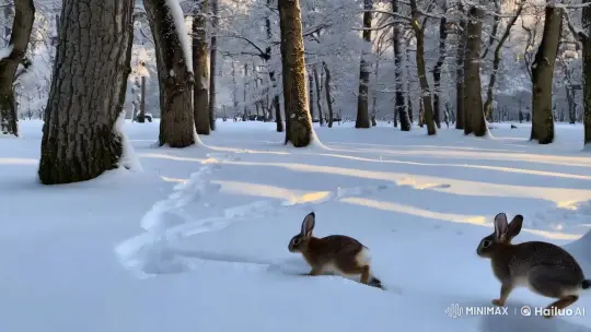 Winter Wonderland: Rabbits Frolic in Snowy Forest – AI Generated Video | Hailuo AI