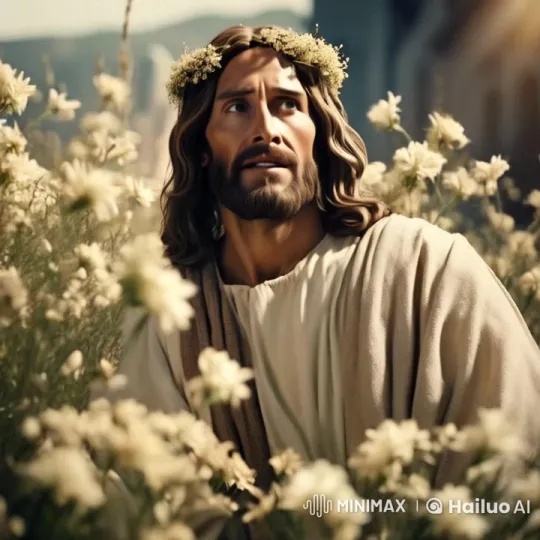 Man in White Robe Reflects in Flower Field – AI Generated Video | Hailuo AI