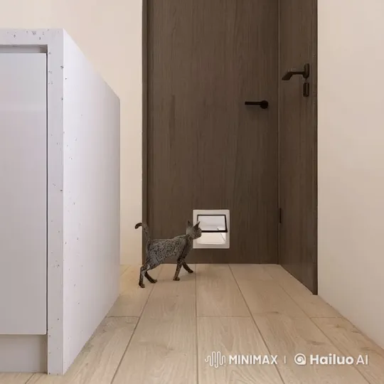 Cat Curiously Jumps Through Cat Flap – AI Generated Video | Hailuo AI