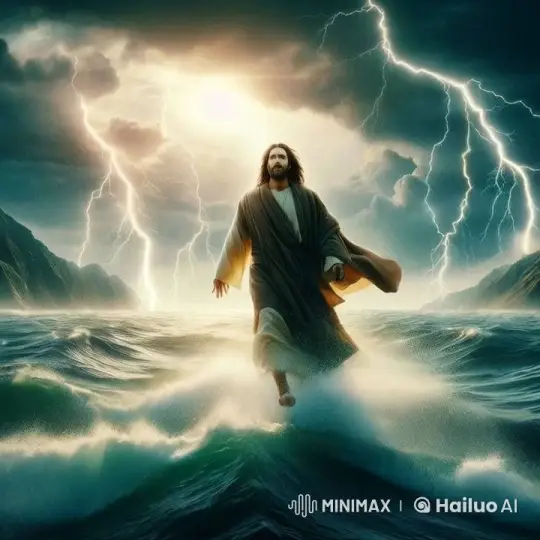 Figure Walks Calmly on Turbulent Sea Amid Storm – AI Generated Video | Hailuo AI