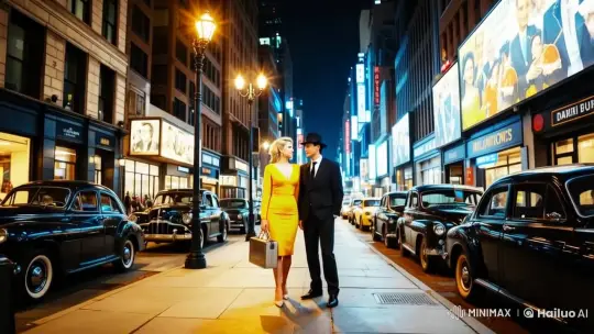 Couple Engages in Elegant Dialogue on a Lively City Street – AI Generated Video | Hailuo AI