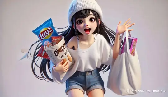Animated Character with Groceries Smiles at Camera – AI Generated Video | Hailuo AI