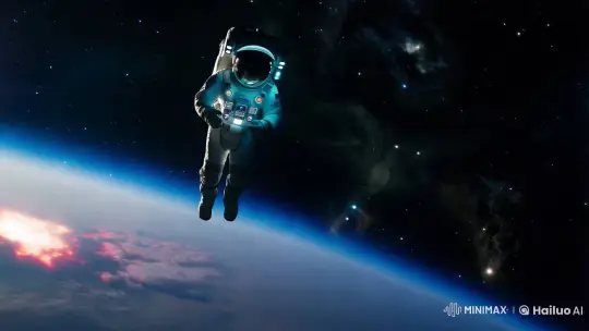 Astronaut in Futuristic Suit Amidst Cosmic Beauty – AI Generated Video | Hailuo AI