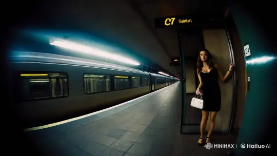 Elegant Woman Captured on Dim Subway Platform – AI Generated Video | Hailuo AI