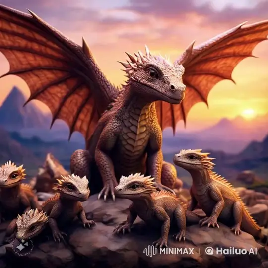 Sunset Serenity: Majestic Dragon and Its Offspring – AI Generated Video | Hailuo AI