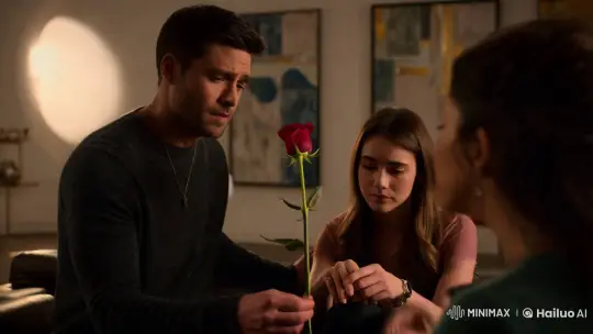 Man Seeks Forgiveness with Rose Amidst Artistic Ambiance – AI Generated Video | Hailuo AI