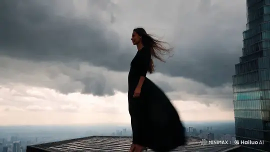 Woman at Skyscraper's Summit Amid Storm – AI Generated Video | Hailuo AI